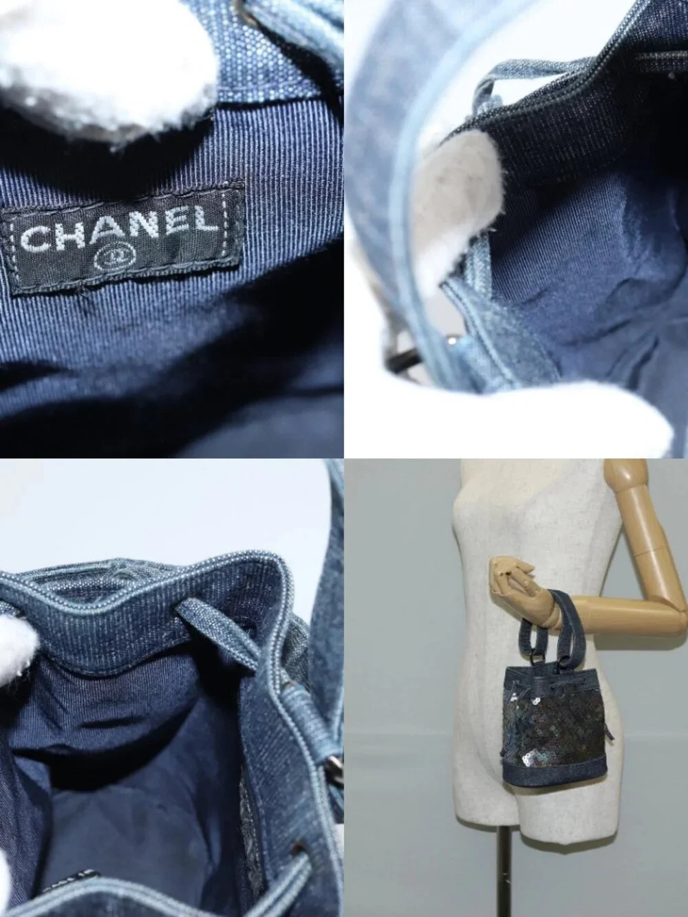 CHANEL Sequin Hand Bag Denim Blue CC Auth 139014SAV